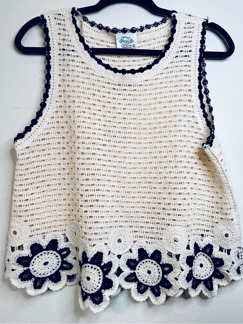 Vintage Crochet Tank with Black Floral Trim